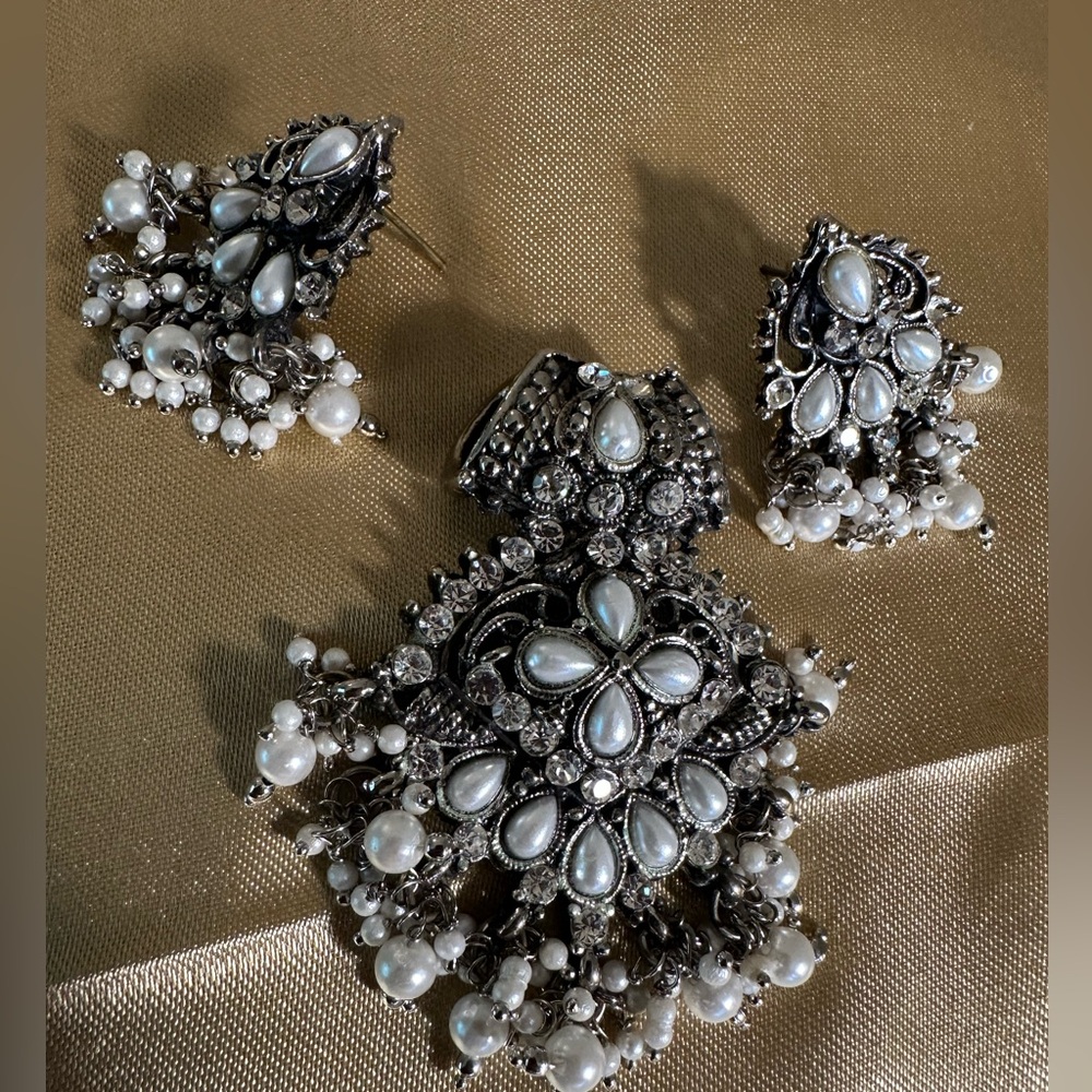 Silver and White Pearl Cluster Earrings and Pendant